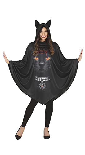 FIESTAS GUIRCA Schwarzer Poncho mit Schwarze Katze Hexe Aufdruck Kostüm Erwachsene Damen Größe FALSE von FIESTAS GUIRCA