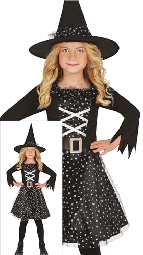 FIESTAS GUIRCA Sternenzauber Hexe Halloween Kostüm Kinder – Hexenhut mit Sternen, Hexenkleid in Schwarz u. Silber, Gürtel – Kostüm Kinder Halloween Mädchen 3-4 Jahre von FIESTAS GUIRCA