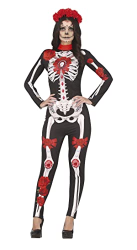 FIESTAS GUIRCA Tag der Toten Jumpsuit mit Skelett-, Blumen- und Juwelen-Print - Día De Los Muertos Outfit Kostüm Erwachsene Damen Größe L 40-42 von FIESTAS GUIRCA