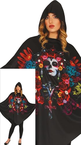 FIESTAS GUIRCA Tag der Toten Poncho Halloween Damen – Schwarzer Poncho mit Sugar Skull Aufdruck – Día De Los Muertos Halloween Kostüm Dame L 40-42 von FIESTAS GUIRCA