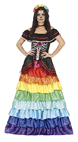 FIESTAS GUIRCA Tag der Toten Regenbogen Kleid - Langes Rüschenkleid in Regenbogenfarben Día De Los Muertos Kostüm Erwachsene Damen Größe L 40-42 von FIESTAS GUIRCA