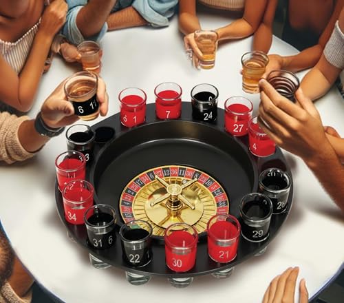 FIESTAS GUIRCA | Trinkspiel Roulette mit 16 Gläsern (29 cm) - Partyspiel für Sommerfeiern und Graduierungen - Lustiges Zubehör für Bier- und Getränkepartys - Für Erwachsene - Schwarz und Rot von FIESTAS GUIRCA