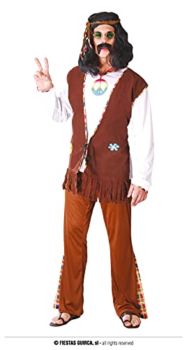 FIESTAS GUIRCA Woodstock Hippie Kostüm Herren – 70er Karneval Kostüm Hippie Herren inkl. Hippie Stirnband, Oberteil mit Fransenweste u. Hose – 60er Kostüm Fasching Hippie Herren Größe XL 54-56 von FIESTAS GUIRCA