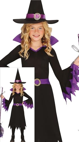 FIESTAS GUIRCA Zauberhafte Hexe Halloween Kostüm Kinder – Hexenhut & Schwarz Lila Hexenkleid – Kostüm Kinder Halloween Mädchen 5-6 Jahre von FIESTAS GUIRCA