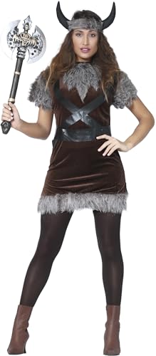 FIESTAS GUIRCA | Wikingerin Kostüm für Damen (42-44/L) - Kleid, Haarband, Gürtel und Hörner - Nordische Kriegerin Kostüme für Halloween, Karneval und Wikingerpartys - Braun und Grau von FIESTAS GUIRCA