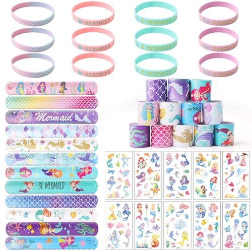 34PCS Meerjungfrau Geburtstag Deko, Enthält 10 Tattoo-Aufkleber, 12 Mermaid Schnapparmband, 12 Armband,Meerjungfrauen Gastgeschenk für Mitgebsel Kindergeburtstag, Meerjungfrau Geburtstag Deko von FIHODONE