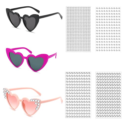 FINODONE 3 Stück Herz Sonnenbrille mit DIY Selbstklebendem Strass und Perlenschmuck, DIY Sonnenbrille Herz zum Aufkleben, mit Perlen und Strasssteineaufklebern für Party Fahren (Diamond Style) von FIHODONE