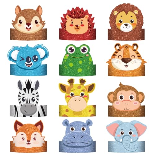 FILOEEX Tier Geburtstag Party Hüte,Wildtierhut Jungle Party für Kinder,Tierische Stirnbänder für Tierhaare Urwald Geburtstagshut Dekorationen (MIX-12PCS) von FILOEEX