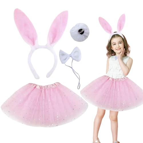 Hase Kostüm Kinder,4 Stück Kostüm Tier Mädchen mit Tutu Hasenohren Schleife Schwanz,Hasenkostüm Set Kinder für Kinder Mädchen Cosplay Geburtstagsfeier Karneval Ostern Bunny Kostüm Zubehör (Rosa) von FILOEEX