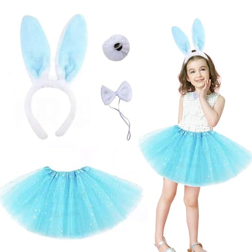 Hase Kostüm Kinder,4 Stück Kostüm Tier Mädchen mit Tutu Hasenohren Schleife Schwanz,Hasenkostüm Set Kinder für Kinder Mädchen Cosplay Geburtstagsfeier Karneval Ostern Bunny Kostüm Zubehör (Blau) von FILOEEX