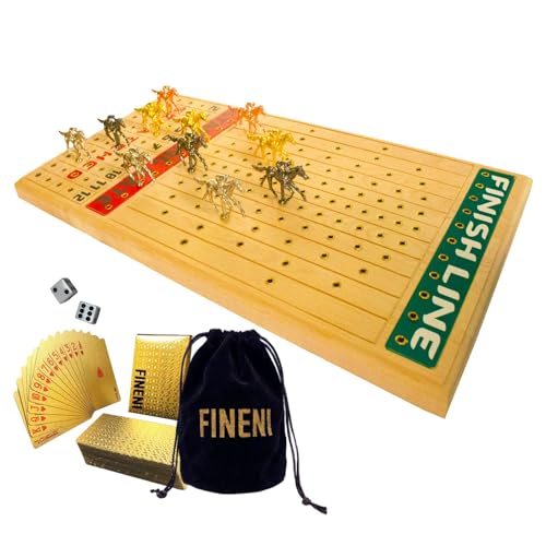 FINENI Horse Racing Board Game with Luxurious Durable Metal Horses, 11 Pieces (3 Gold, 3 Silver, 3 Black and 2 Bronze), Real Birch Wood Horseracing Game Board, Dice and Cards von FINENI