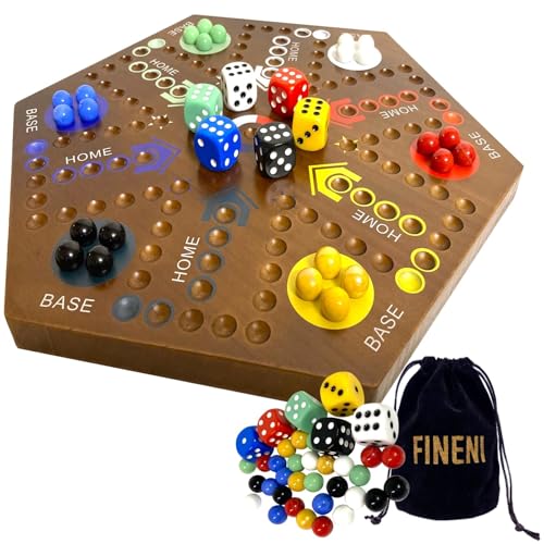 FINENI Marmor-Brettspiel, 50,8 cm, doppelseitig, bemalt und aus Holz (dunkelfarben) für 4 - 6 Spieler, doppelseitiges Spielbrett und Zubehörtasche, 30 Murmeln in 6 Farben und 6 farbigen 6 Würfeln von FINENI