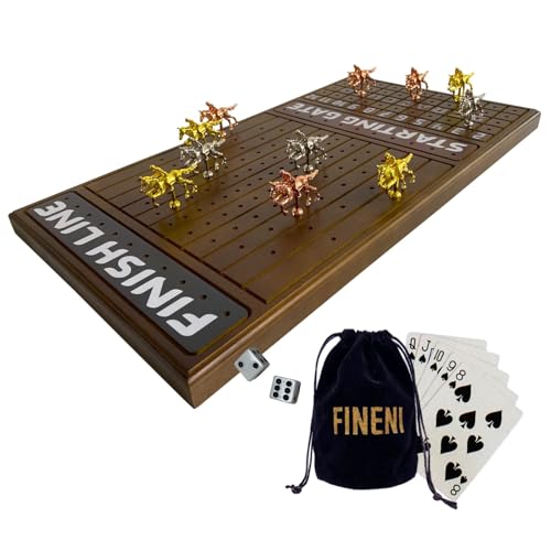 FINENI Pferderennen-Spiel für Erwachsene, Pferderennen-Brettspiel mit 11 luxuriösen Metallpferden (Silber, Schwarz, Roségold), 55,9 cm, dunkles Kiefernholz, Würfel und Karte enthalten (dunkle Farbe) von FINENI