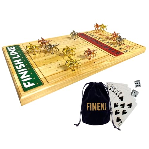 FINENI Pferderennspiel für Erwachsene, Pferderennen-Brettspiel mit 11 luxuriösen Metallpferden (Silber, Schwarz, Roségold), 55,9 cm Kiefernholz, Pferderennspiel, Würfel und Karte enthalten (Log von FINENI