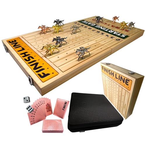 FINENI Pferderennspiel für Erwachsene, faltbares Pferderennen-Brettspiel mit 11 luxuriösen Metallpferden (Gold, Silber, Schwarz, Roségold), 55,9 cm Kiefernholz, Würfeln und RoseGoldCard (Holzfarbe) von FINENI