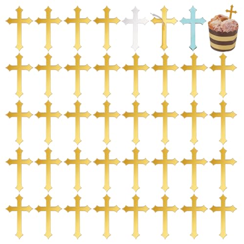 FINGERINSPIRE 40 Stück Cupcake Topper Mit Goldenem Spiegel Und Kreuz 50x30mm Acryl Kuchenaufsatz Kreuz als Taufkuchenaufsatz Für Taufe Babyparty Geburtstag Christliche Dekorationen von FINGERINSPIRE