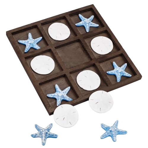 FINGERINSPIRE Seestern Tic Tac Toe Spiel-Sets 6 Stück weißes Harz Meer Geld & 6 Stück Blauer Seestern mit 25x25cm Platz hölzernen Tisch Tic-Tac-Toe Board Strand Haus Kaffee Tisch Dekoration von FINGERINSPIRE