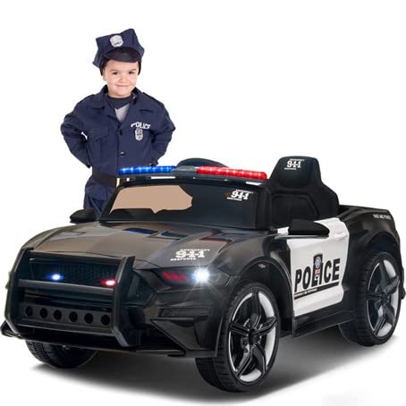 FINOOS Elektroauto für Kinder Kinderauto Polizei Police12V, Sirene, Blinker, Lautsprecher, Türen mit Fernbedienung Schwarz von FINOOS