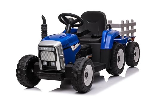 FINOOS Kinder Elektro Traktor 12V mit Schaufel & abnehmbarem Anhänger Kinder-Elektrofahrzeug, Kinder Aufsitztraktor mit LED-Licht & Musik & Hupe, 2,4G Fernbedienung, 2-5km/h (Blau) von FINOOS