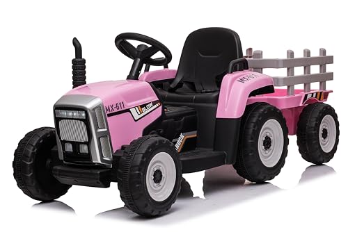 FINOOS Kinder Elektro Traktor 12V mit Schaufel & abnehmbarem Anhänger Kinder-Elektrofahrzeug, Kinder Aufsitztraktor mit LED-Licht & Musik & Hupe, 2,4G Fernbedienung, 2-5km/h (Rosa) von FINOOS