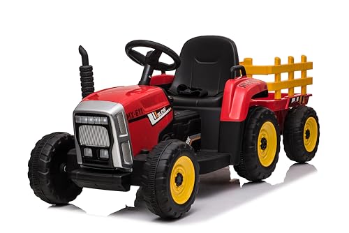 FINOOS Kinder Elektro Traktor 12V mit Schaufel & abnehmbarem Anhänger Kinder-Elektrofahrzeug, Kinder Aufsitztraktor mit LED-Licht & Musik & Hupe, 2,4G Fernbedienung, 2-5km/h (Rouge) von FINOOS