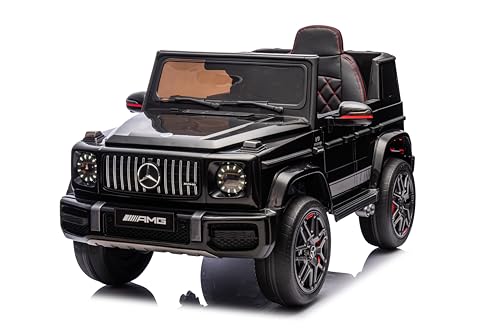 FINOOS Mercedes G63 AMG XL 24V Elektroauto für Kinder, 4x4 elektrische Kinder elektroauto mit Fernbedienung, Ledersitz, Gummi-Reifen (EVA), Bluetooth, 2 + 1 Geschwindigkeitsstufen, Hupe, LED (Schwarz) von FINOOS