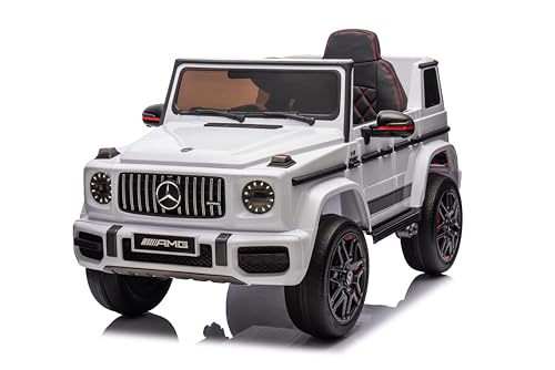 FINOOS Mercedes G63 AMG XL Elektroauto für Kinder,24V, 4x4 elektrische Kinder elektroauto mit Fernbedienung, Ledersitz, Gummi-Reifen (Eva), 2 + 1 Geschwindigkeitsstufen, Hupe, LED, Musik (Weiß) von FINOOS