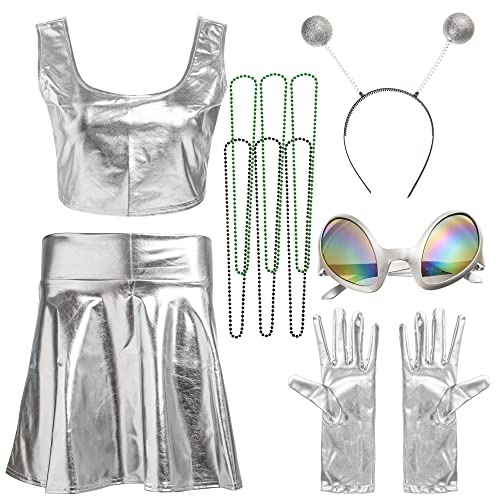 FIOEOZ Alien-Halloween-Kostüm für Frauen, 11 Stück Dress Up Partyzubehör Kostüm Boppers Requisiten Metallisches Outfit Top und Hemd (XL) von FIOEOZ