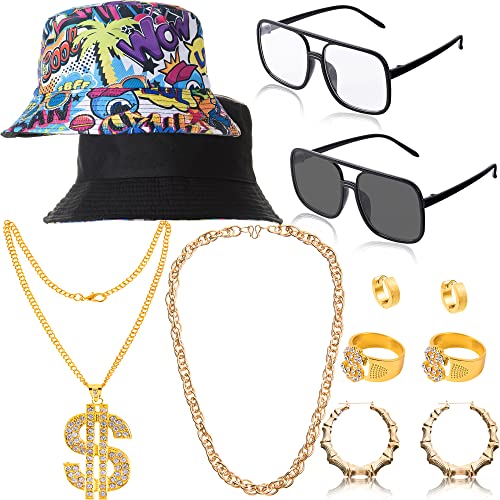 FIOEOZ Hip Hop Kostüm für Herren Damen, 12 Stück Rapper Kostüme Zubehör inklusive Sonnenbrille Dollarzeichen Fake Kette Ring Creolen Ohrring Vintage Druck Eimer Hut für 80er 90er Party Dekorationen von FIOEOZ