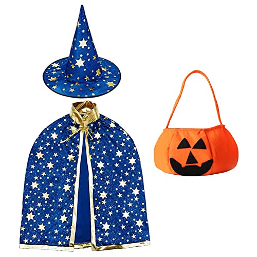 FISAPBXC Kinder Halloween Kostüm, Halloween Hexe Zauberer Umhang, Zauberermantel Mit Hut Kürbis Candy Bag, Halloween Requisiten Set für Kinder Junge Mädchen Kostüm Cosplay Festivel Party (Blue) von FISAPBXC