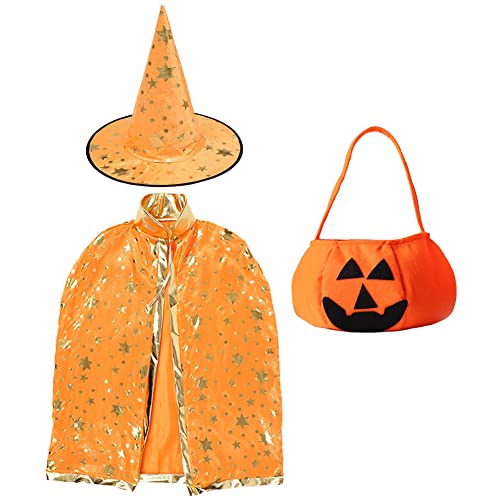 FISAPBXC Kinder Halloween Kostüm, Halloween Hexe Zauberer Umhang, Zauberermantel Mit Hut Kürbis Candy Bag, Halloween Requisiten Set für Kinder Junge Mädchen Kostüm Cosplay Festivel Party (Orange) von FISAPBXC