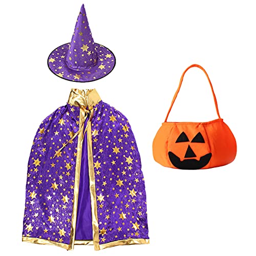 FISAPBXC Kinder Halloween Kostüm, Halloween Hexe Zauberer Umhang, Zauberermantel Mit Hut Kürbis Candy Bag, Halloween Requisiten Set für Kinder Junge Mädchen Kostüm Cosplay Festivel Party (Violett) von FISAPBXC