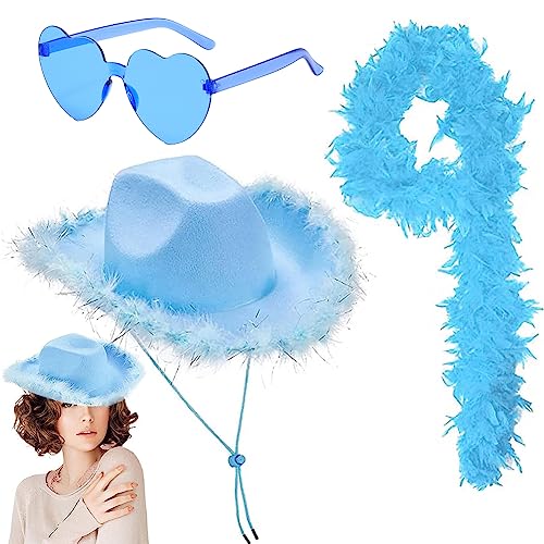 Flauschige Feder Boa, Modischer Cowboyhut für Damen Türkei Federn Schal für Damen Kostüm Requisiten mit Randlosen Herzbrille Für Cosplay, Karneval Party,Bühnenshows, Kostüm Party (Blau) von FISAPBXC