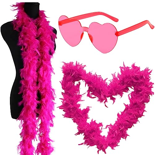 Flauschige Federboa für Damen, Modischer Feder Boa Türkei Federn Schal Kostüm Requisiten mit Rosenrot Randlosen Herzbrille Für Cosplay, Karneval Party,Bühnenshows, Kostüm Party(200cm,Rosenrot von FISAPBXC