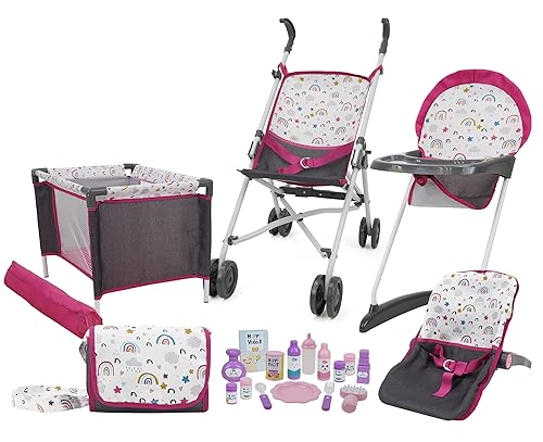 509 Crew Rainbow Fun 21 Piece Doll Stroll n Play & Care Combo Set, Doll Stroller, Doll Playard, Doll High Chair Set, Carry Cot, Diaper Bag, Feeding and Grooming Accessories, Ages 3+ von 509