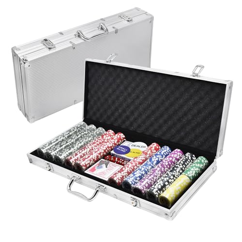 FIVMEN Pokerkoffer Set 500 Chips Pokerset Poker Set inkl. 500 Laser Poker Chips, 2X Pokerdecks, 3X Dealer Button, 5X Würfeln mit Aluminium Koffer, Silber von FIVMEN