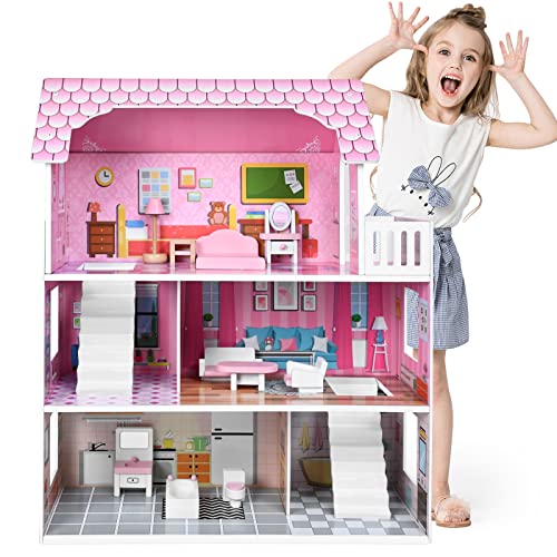 FIVMEN Puppenhaus 3 Etagen Holz Dollhouse Puppenhäuser mit Möbeln und diversen Zubehör für Große Puppen Spielzeug für ab 3 Jahre, 60x24x70cm FIVMEN Puppenhaus 3 Etagen Holz Dollhouse Puppenhäuser mit Möbeln und diversen Zubehör für Große Puppen Spielzeug für ab 3 Jahre, 60x24x70cm von FIVMEN
