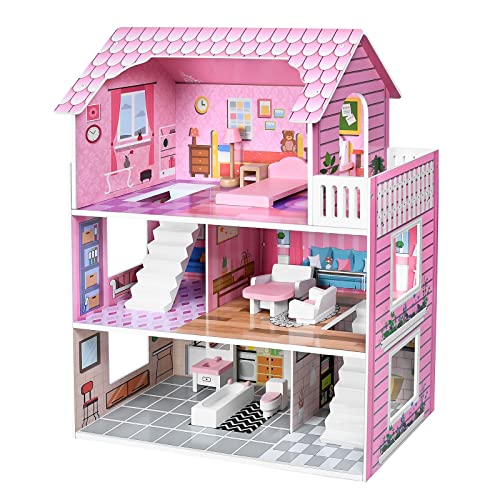 FIVMEN Puppenhaus Holz Dollhouse 3 Etagen Puppenhäuser mit Möbeln und diversen Zubehör für Große Puppen Spielzeug für ab 3 Jahre mädchen, 60x24x70cm von FIVMEN