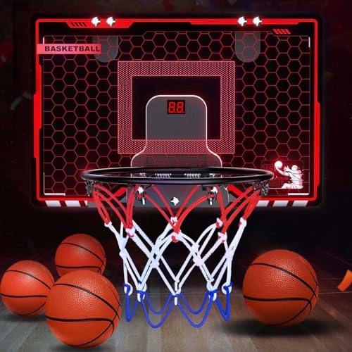 FIYCATPSA Mini Basketballkorb Indoor, Beleuchtete Basketballtafel mit Punktezähler, Indoor-Basketballkörbe, Basketballspielzeug Geschenke für Kinder (rot) von FIYCATPSA