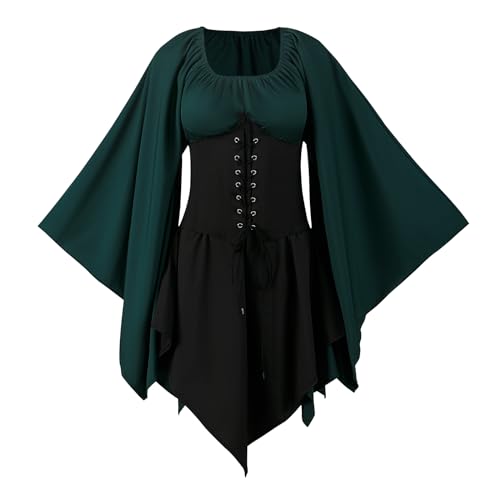 FJKVKDT Damen Mittelalter Kleid Mit Trompetenärmel Renaissance Mittelalter Kostüm Korsett für Halloween Viktorianisches Kleid (Stil-1, 2XL) von FJKVKDT