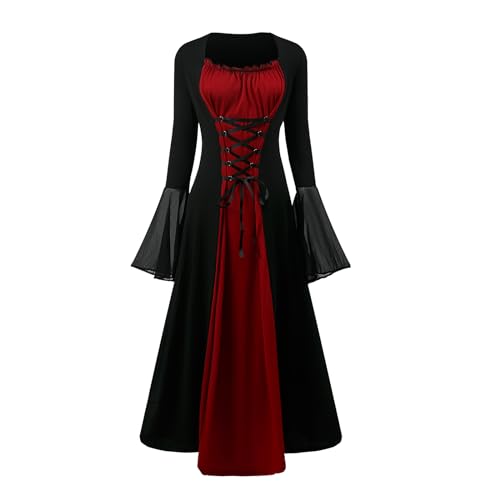 FJKVKDT Damen Mittelalter Kleid Mit Trompetenärmel Renaissance Mittelalter Kostüm Korsett für Halloween Viktorianisches Kleid (Stil-2, L) von FJKVKDT