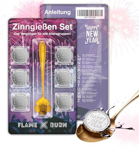 Zinngießen Set für Silvester 2025: Zinn zum Gießen ähnlich wie Bleigießen, inklusive Löffel & Orakelbuch mit Deutungen - Partyspiele (1x) von FLAME X BURN