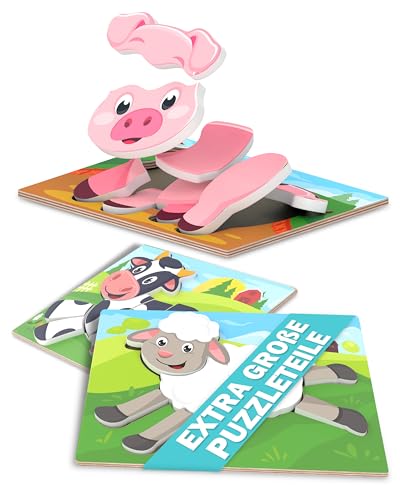 Flayrae® Holzpuzzle Set für Kleinkinder von 1-3 Jahren - Pädagogisches Spielzeug aus Holz - extra Grosse Puzzleteile für einfache Handhabung - Bauernhof Edition von FLAYRAE