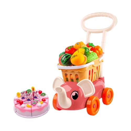 FLCPJGV Kinder Einkaufswagen mit Spiel Lebensmittel Set Und Schneidebrett, Rose Rot von FLCPJGV