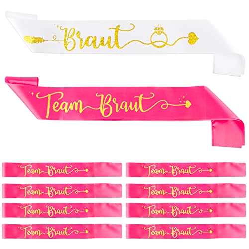 FLOFIA 10 PCS Braut Schärpe 9* Team Braut Schärpe Junggesellinnenabschied Schärpe JGA Party Schärpe Hochzeit Party Schärpe Zubehör Brautaccessoires Rosa von FLOFIA