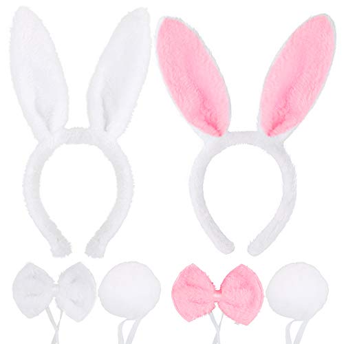 FLOFIA 6 Stück Hasen Kostüm Ostern Hasenohren Haarreif Kaninchen Ohren Zubehör für Kinder Damen Bunny Kostüm Accessoires Haarschmuck mit Fliege Schwanz Karneval Faschingskostüm Weiß Rosa von FLOFIA