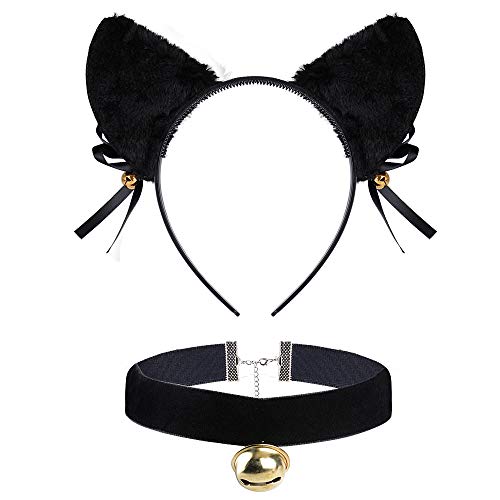 FLOFIA Katzenohren Haarreif, Glöckchen Halskette Katze Cosplay Set Katzenkostüm cat Ears Cosplay Katzenohren Haarschmuck Haarband Stirnband Karneval Party Kostüm Set für Kinder und Erwachsene Schwarz von FLOFIA