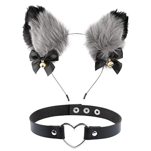 FLOFIA Katzenohren Haarreif Cat Ears Haarschmuck Glöckchen Fuchsohren mit Herz Halskette Katzen Haarreif Katzeohren Katzenkostüm Cosplay Set für Karneval Kinder Erwachsene von FLOFIA