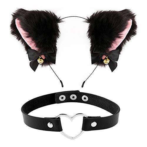 FLOFIA Katzenohren Haarreif cat Ears Haarschmuck Fuchsohren mit Herz Halskette Katzen Haarreif Katzeohren Cosplay Kostüm Set cat Ears Cosplay Katzenkostüm Set für Karneval Kinder Erwachsene Schwarz von FLOFIA