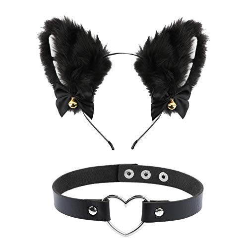 FLOFIA Katzenohren Haarreif cat Ears Haarschmuck Fuchsohren mit Herz Halskette Katzen Haarreif Katzeohren Cosplay Kostüm Set cat Ears Cosplay Katzenkostüm Set für Karneval Kinder Erwachsene Schwarz von FLOFIA